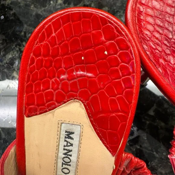 Manolo Blahnik Red Leather Croc Embossed Double Strap Sandals 40 8.5 9 Luxury - Picture 8 of 11